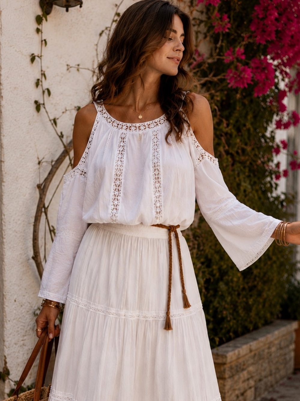 Solitaire White Cold Shoulder Crochet Trim Blouse Size Small Boho Peasant Top